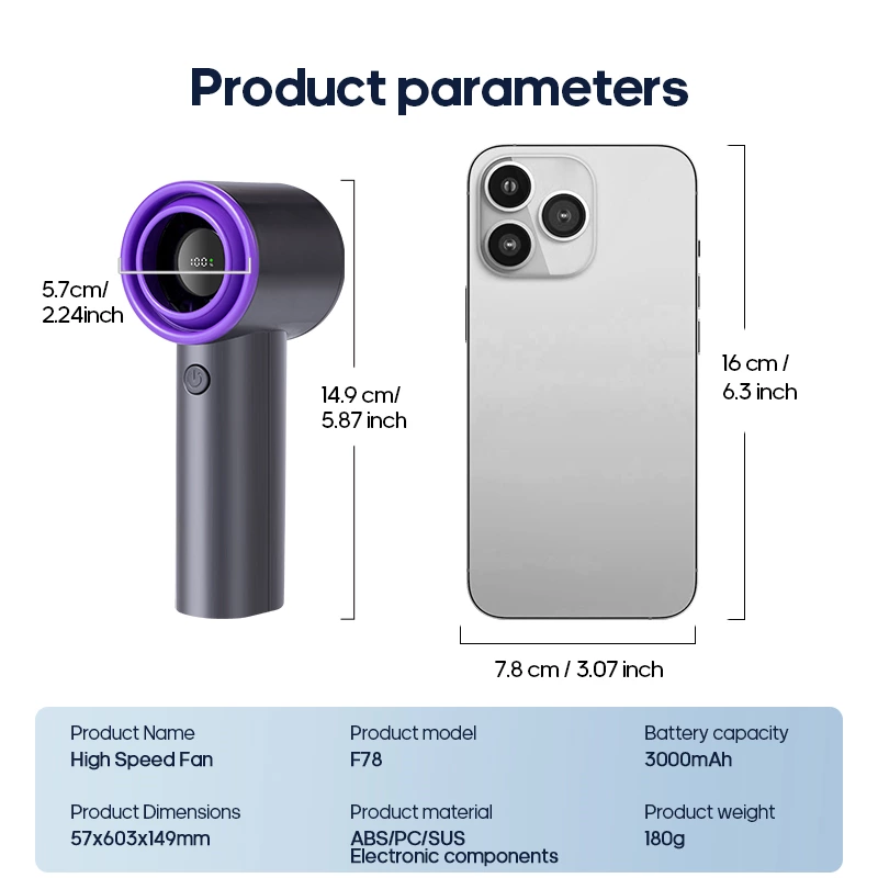 Ultra-light high-speed handheld fan: 180g portable design, 100 wind speeds to control coolness